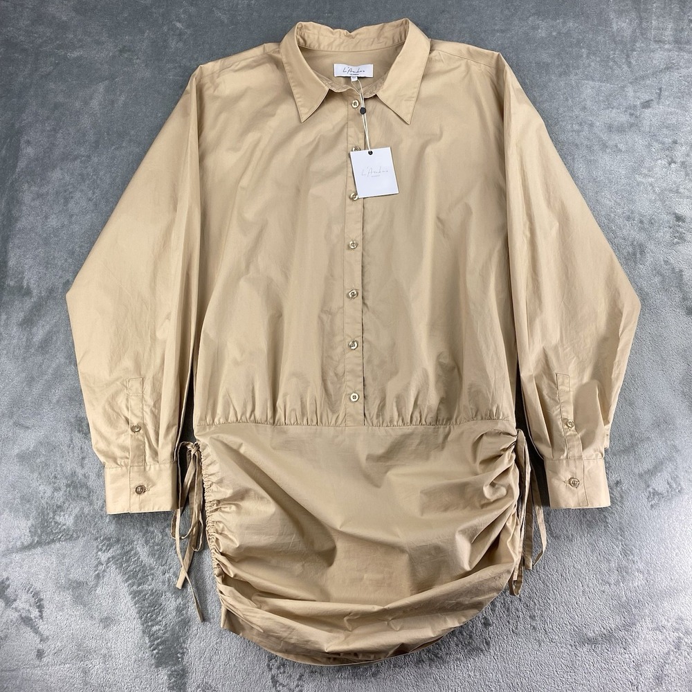 L'Academie Dress Womens Sz L Tan Revolve The Keem Mini Shirt Button Ruched *READ